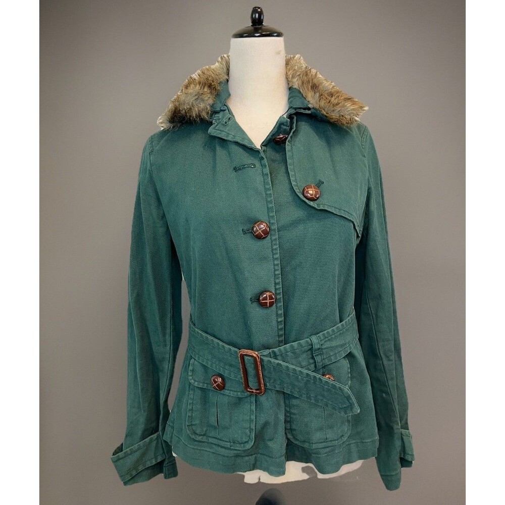 GAP Y2K Vintage Green Military Jacket Size S Faux Fur Collar Belted Utility